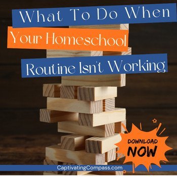 image or stack blocks ready to topple, with text overlay. What to do when your homeschool routine isn't working, from CaptivatingCompass.com