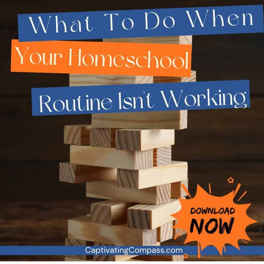 image or stack blocks ready to topple, with text overlay. What to do when your homeschool routine isn't working, from CaptivatingCompass.com