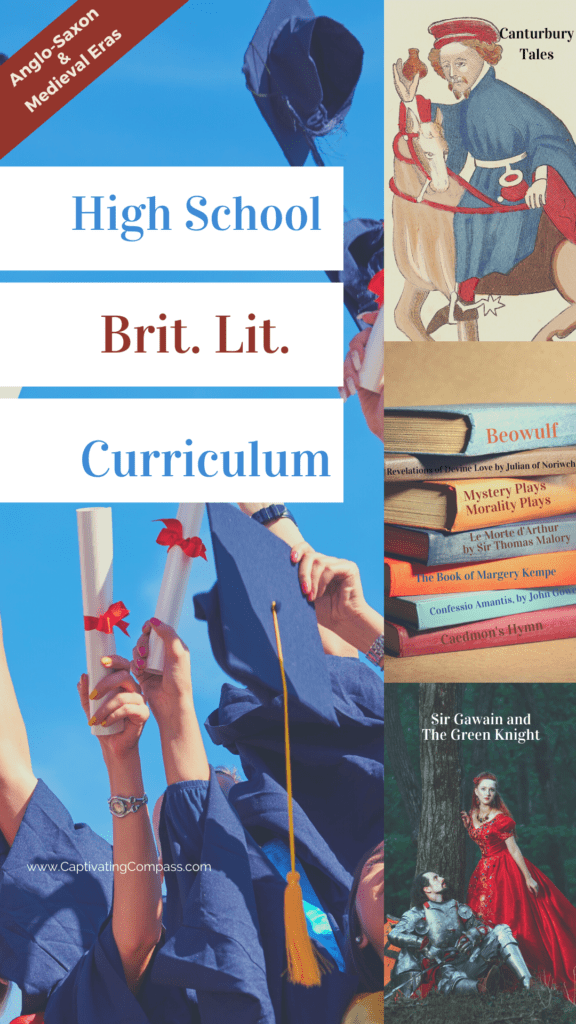 image of students raisingscrolls and tossing graducation caps with text overlay: Highschool Brit Lit Curriculum Online Courses from www.captivatingcompass.com