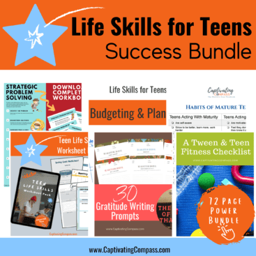 colage image of homeschool high school resources with text overly. Life Skills for Teens Power Bundle Featuring 72 Pages Of Resources Every Teen Needs To Mature With Confidence available at www.CaptivatingCompass.com