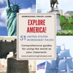 collage image of USA landmarks with text overlay. Explore America! 51 United States Worksheet Packs from CaptivatingCompass.com