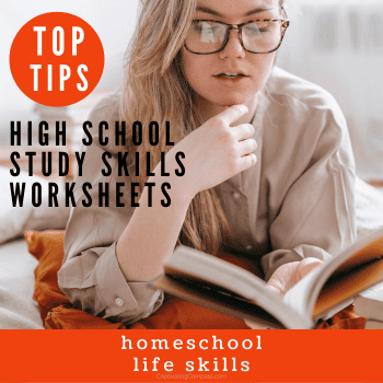 image of student reading and using High School Study Skills Worksheets with text overlay. Study skill worksheets. Homeschool life skills from CaptivatingCompass.com