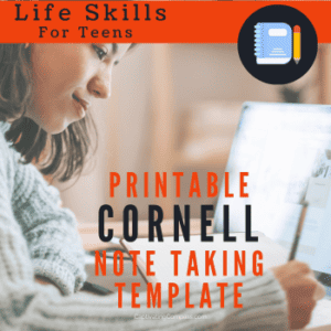 image of girl taking notes with text overlay. Printable Cornell Note Taking Template Life Skills for Teen from CaptivatingCompass.com