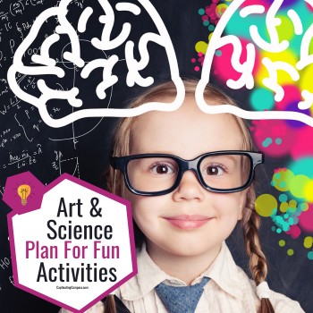 image of girl with science and art items on chalk board with text overlay. Art & Science Activitites for Kids. Plan for Fun with CaptivatingCompass.com