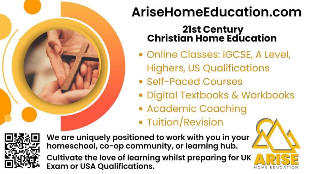 image of Arise Home Edcudation with QR code for classes lie onine world geography in ihigh school.
