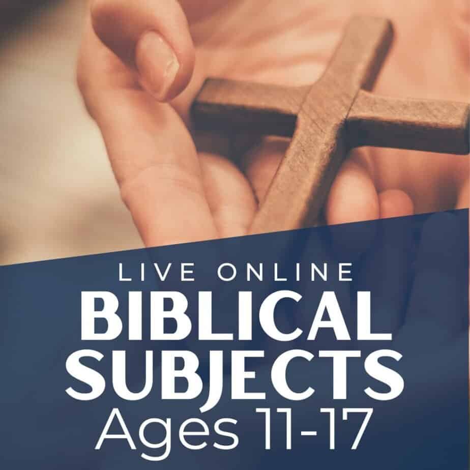 image of hand and cross with text overlay. Biblical Subjects Ages 11-17. Live online Bible Study Class for Teens at ARise HOme Education at CaptivatingCompass.com