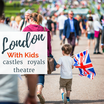 Boy walking with mum waving British flag. Kid's London: Secrets for seeing London's castles, royal's and theatre with your kids. Plan your trip with these travel budget hacks.