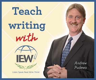 image of Andrew Pudewa with text overlya Teach witing with IEW